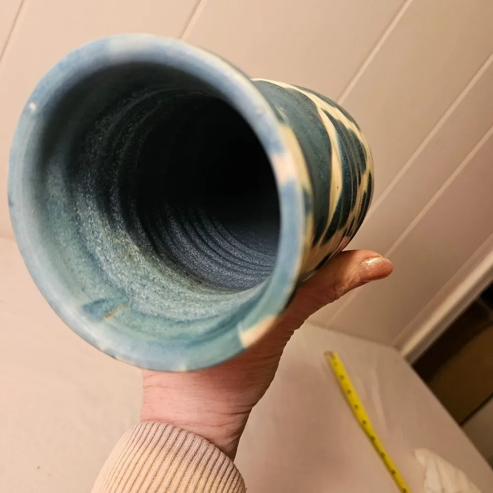 Handmade Pottery Vase Turquoise & White, Unique, Home Decor, Signed‎